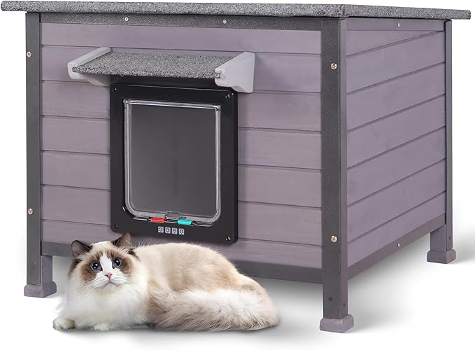Outdoor Cat House, Feral Cat Houses Waterproof of All-Around Iron Frame, Solid Wooden Cat Shelter with Adjustable Door for Cats, Dogs and Other Small Animals