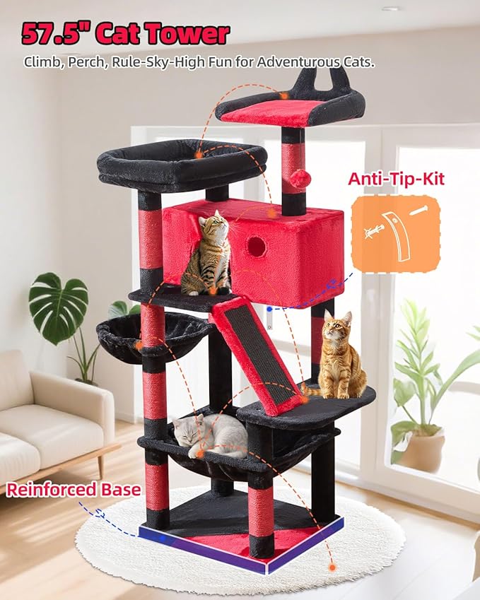 Taoqimiao Cat Tree 57.5-Inch, Cat Tower for Indoor Cats Large Adult, Extra Large Cat Condo, 8 Sisal Scratching Posts, Metal Frame Cozy Hammock, Durable Scratch Board, 2 Top Perches, Jelly Pink MS026P