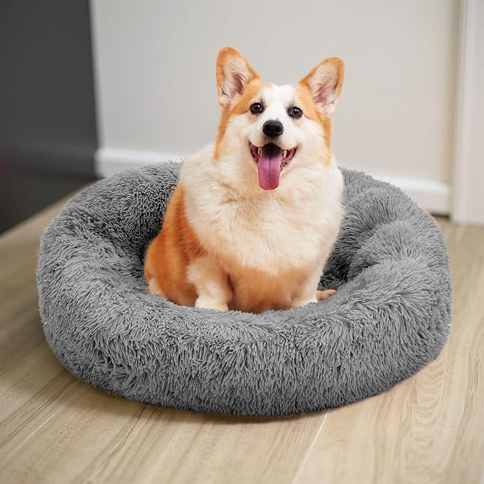 Athena Collection Washable Dog Bed Medium Size Dog, Cat Bed for Indoor Cats, 31 Inches Fluffy Faux Fur Round Pet Bed Calming Cozy Soft Warming Donut for Medium Puppy Kitten, Grey