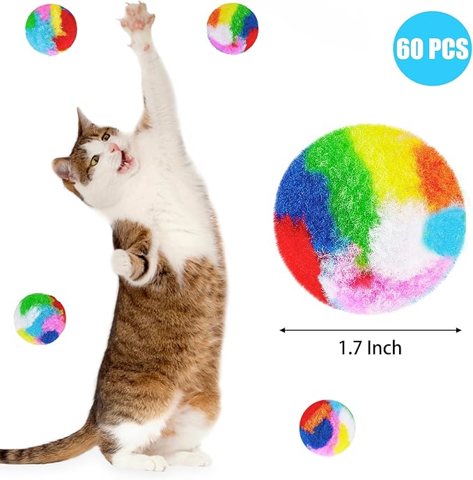 Nicunom 60 PCS Cat Pom Pom Balls, 1.7Inch Rainbow Cat Toy Balls, Soft Plush Cat Ball Fuzzy Kitty Balls Colorful Kitten Puff Balls Cat Chase Ball for Kitten Pet Interactive Playing Exercising