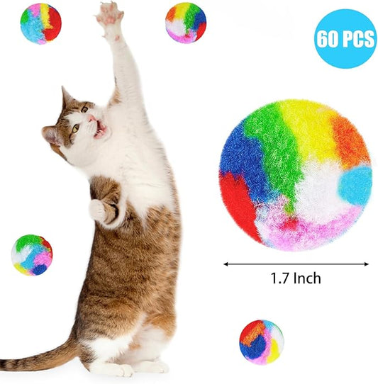 Nicunom 60 PCS Cat Pom Pom Balls, 1.7Inch Rainbow Cat Toy Balls, Soft Plush Cat Ball Fuzzy Kitty Balls Colorful Kitten Puff Balls Cat Chase Ball for Kitten Pet Interactive Playing Exercising