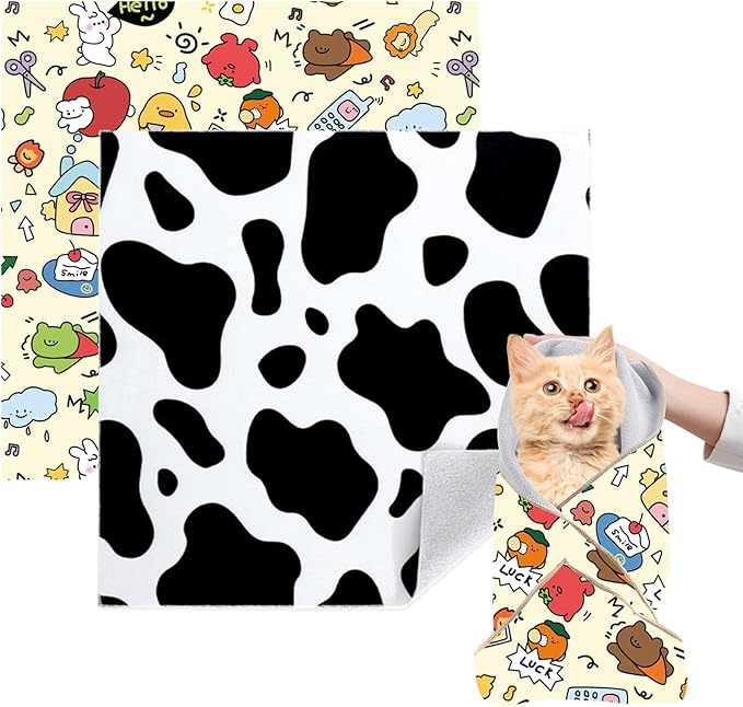 Cat Grooming Wrap, 2pcs [XL] Cat Restraint Wrap for Nail Clipping, Ear Cleaning, and Teeth Brushing, Self-Adherent, Anti-Bite, Anti-Scratch, Anti Scratch, Cow White+Yellow