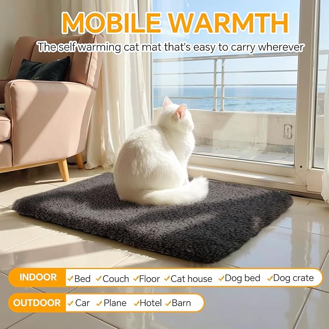 Self Warming Cat Bed Self Heating Cat & Dog Pad - Waterproof Heated Thermal Mat, Non-Slip, Washable for Senior Pets, Kittens, Dogs, Indoor/Outdoor Use, Non-Electric(Dark Grey, 24" X 18")
