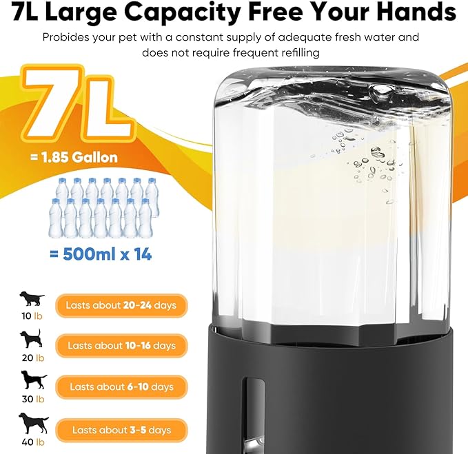 7L Automatic Dog Water Dispenser Bowl, Gravity Pet Water Dispenser with Stainless Steel Bowl, No Spilling Large Capacity Water Feeder for Dogs Cats (7L Without Filter Black)