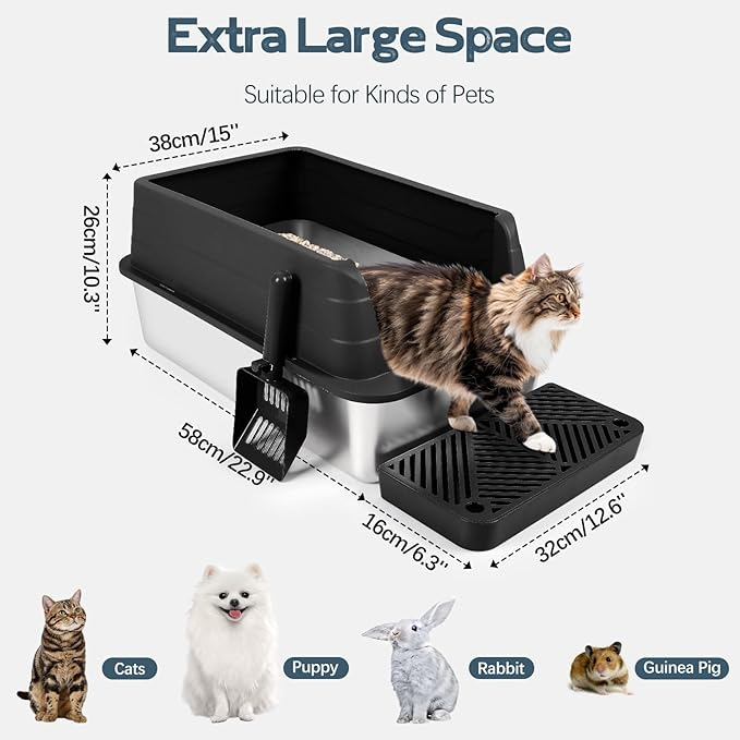 3 Pack Stainless Steel Litter Box, XL 22.9” x 15” x 10.3” High Sided Metal Cat Litter Tray with Scoop, Filter Pedal for Anti-Splash, Non-Sticky, Easy to Clean (Black)