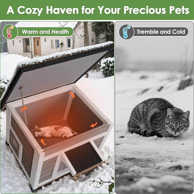 Insulated Cat House Weatherproof Outdoor/Indoor Shelter with Openable Asphalt Roof for Feral Cats & Small Pets