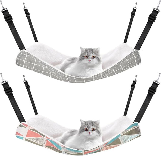 2 Pieces Reversible Cat Hanging Hammock Soft Breathable Pet Cage Hammock with Adjustable Straps and Metal Hooks Double Sided Hanging Bed for Small Dogs Rabbits(Geometry Pattern,M)