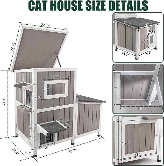 Cat House Outdoor Cat Shelter for 2-3 Feral Cats Two Story Wooden Cat Houses for Outside Cats Weatherproof in 3 Rooms,with Asphlat Roofs 3 Escape Doors Acrylic Window Easy Assemble