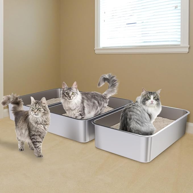 Stainless Steel Litter Box 3 Pack, 23.6" X 15.7" X 6" Extra Large Cat Litterbox No Smell, XL Metal Litter Box for Big Kitty, Multiple Cats, Non Stick, Easy Cleaning
