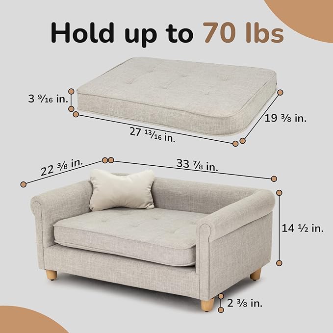 dCee Dog Sofa Bed, 33 Inch Light Gray Couch for Medium Dogs up to 70 Lbs, Offering Soft Velvety Comfort, Joint Support, and a Washable Cushion Cover for Practical Cleaning