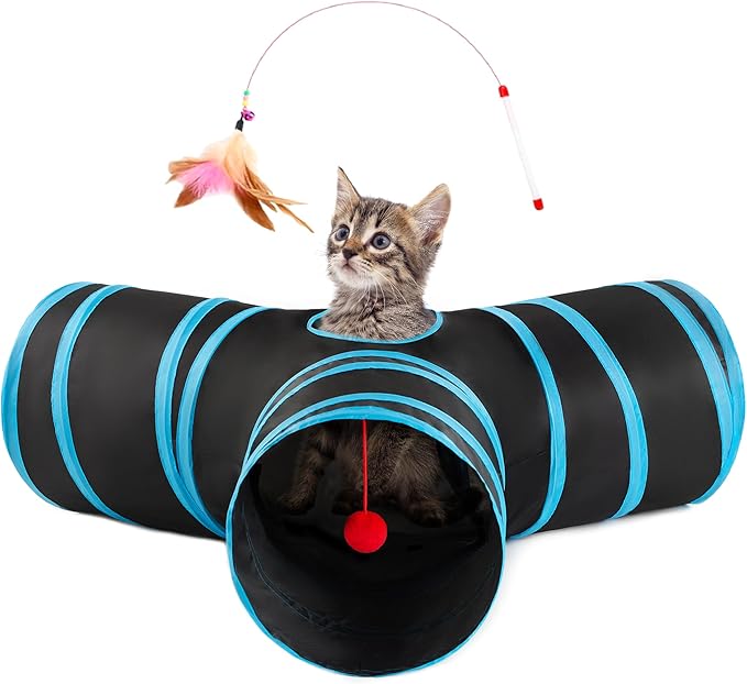Love's cabin Cat Tunnel Tube Toys 3 Way Collapsible, Cat Tunnels for Indoor Cats，Kitten Tunnel Bored Pet Play Tunnel with Peek Hole Toy Ball for Kitty, Kitten, Rabbit, Puppy Blue