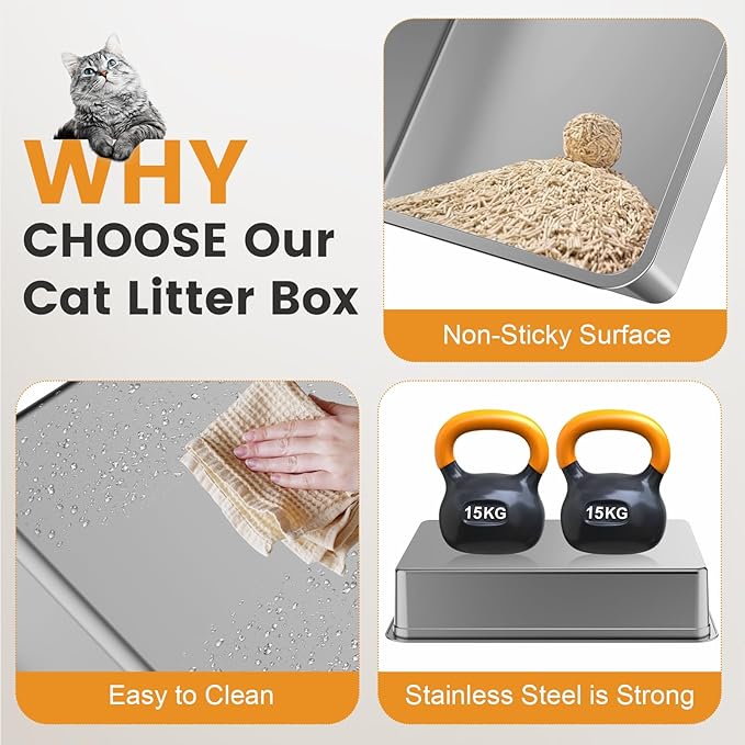 XXXL Stainless Steel Litter Box with Footboard,Extra Large 28" L x 20" W Metal Litter Box for Big Cats & Multiple Cats with High Sided, Anti-Leakage, Non-Sticky, Easy Cleaning, Include Scoop
