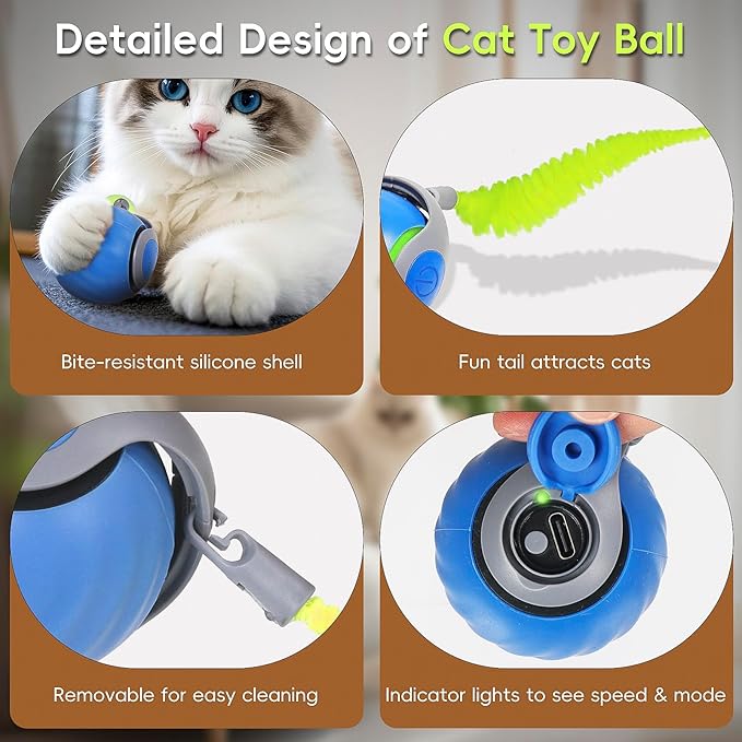 2PCS Speedy Tail Cat Toys 2.0, Interactive Cat Ball Toy for Bored Indoor Cats, Automatic Moving Pet Play Balls, Two Speed Adjustment with Replacement Tail