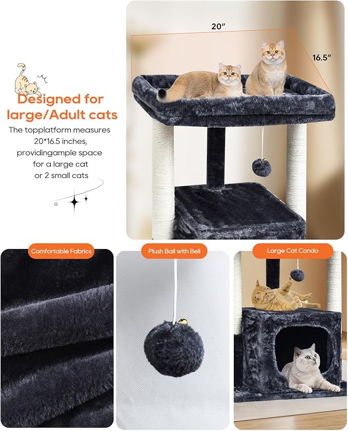SYANDLVY Cat Tree for Indoor Cats Large Adult, Modern Activity Tower with Scratching Posts, Condo with Plush Perch, Climbing Stand with Spring Ball for Play, Smoky