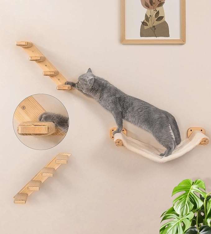 Cat Wall Shelves Set of 4, with 1 Floating Fabric Hammock, 2 Ladders with 4 Steps Each & 1 Flat Shelf – Wall Mounted Bed Furniture & Climber for Large Cats, Indoor Playground