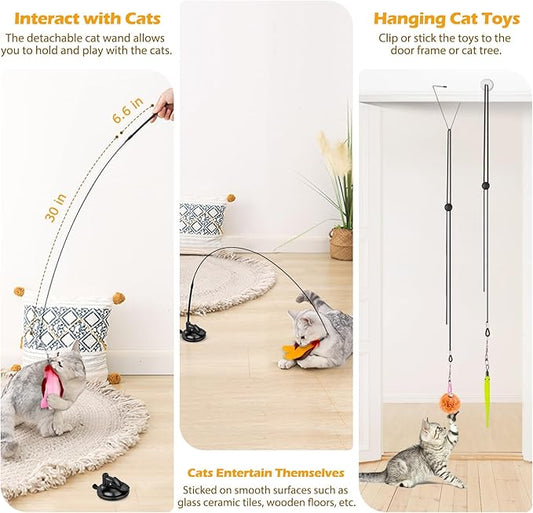 Cat Toys, 2 Pack 3 in 1 Interactive Cat Toy for Indoor Cats with Sticky Super Suction Cup Detachable 10 Pcs Replacements Feathers Balls Mice 2 Wand Hanging Door Kitten Toys
