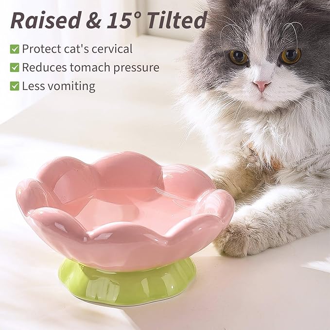 Ceramic Raised Cat Bowl, Shallow Wide, Anti-Vomiting and Whisker Fatigue, Non-Slip, Tilted Cute Flower Cat Food and Water Bowls for Indoor Cats or Small Dogs, Pink