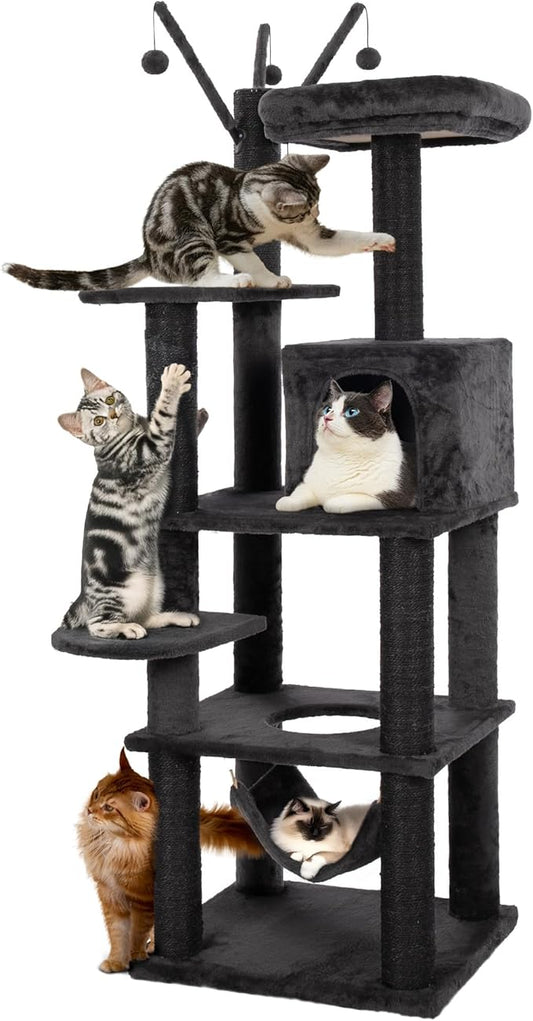 KAMABOKO Cat Tree, 73.6" H Tall Climbing Modern Indoor Play Tower for Large Cats and Kittens, Cats House with Cat Cave Condo, Cat Tree Hammock, Multi-Level Cat Activity Tree, and Cute Scratching Posts