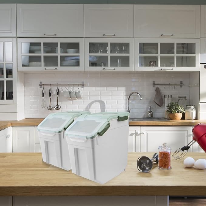 AnRui Airtight Flour Storage Container 25lb, Plastic Grain Storage Bucket, Rice Cereal Dispenser Organizer Box with Lid, Cat Dog Food Storage Bin with Measuring Cup, Scoop, Wheels, 2Pcs Green