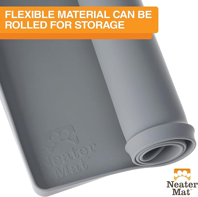Neater Pet Brands Neater Mat Pet Mats for Food and Water, Cat & Dog Bowl Mat Waterproof Silicone, Feeding Tray, Dog Food Mats for Floors, Placemat w/Raised Edge for Under Bowls, 16” x 10”, Grey