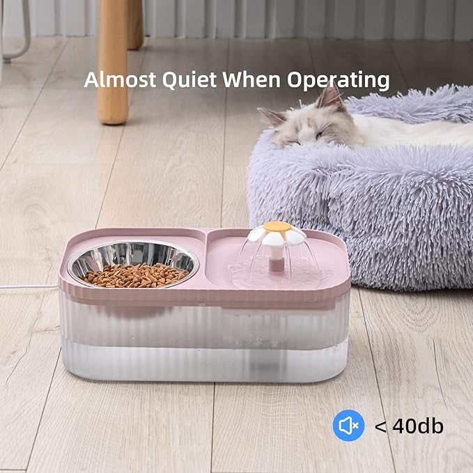 Cat Water Fountain and Food Bowl, 3L/101oz Ultra Quiet Pet Water Dispenser with Smart Pump and 3 Replacement Filters, Automatic Flower Fountain & Stainless Steel Bowl for Dog & Cat (Pink)