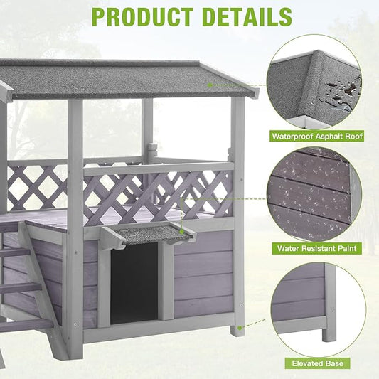 GUTINNEEN Cat House Outdoor Indoor, Weatherproof Outside Feral Cat Shelter,2-Level Wooden Kitten House with Stairs, Waterproof Roof and Balcony