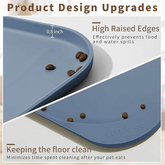 Silicone Pet Feeding Mat with Raised Edge & Residue Collection Pocket for Food and Water, Dog Bowl Mats, Cat Bowls Placemat with High Lip for Floor Waterproof, 24 x 16 x 0.8 Slate Blue