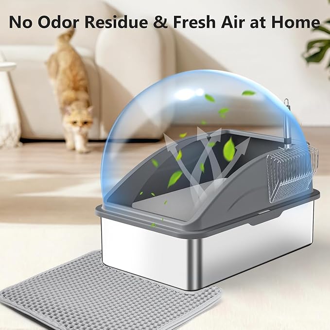 Stainless Steel Litter Box, Extra Large Litter Boxes for Big Cats, XL Metal Cat Litter Box with Lid, Anti-Urine Leakage, Non-Sticky, Include Cat Mat and Litter Scoop