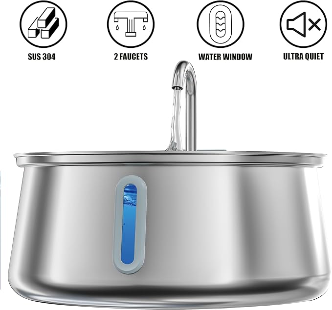 Stainless Steel Cat Water Fountain,Pet Water Fountain 4L/135oz Large Capacity,Dog Water Dispenser with Water Level Window, Multiple Filtration, Quiet Automatic Pet Fountain Easy Clean,1Faucet