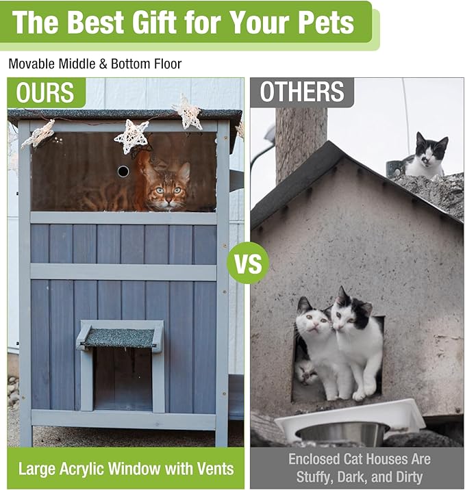 GUTINNEEN Insulated Outdoor Cat House Weatherproof with Insulation Liner for Winter, 2-Story Wooden Feral Shelter with Acrylic Window, Openable Asphalt Roof, Escape Doors