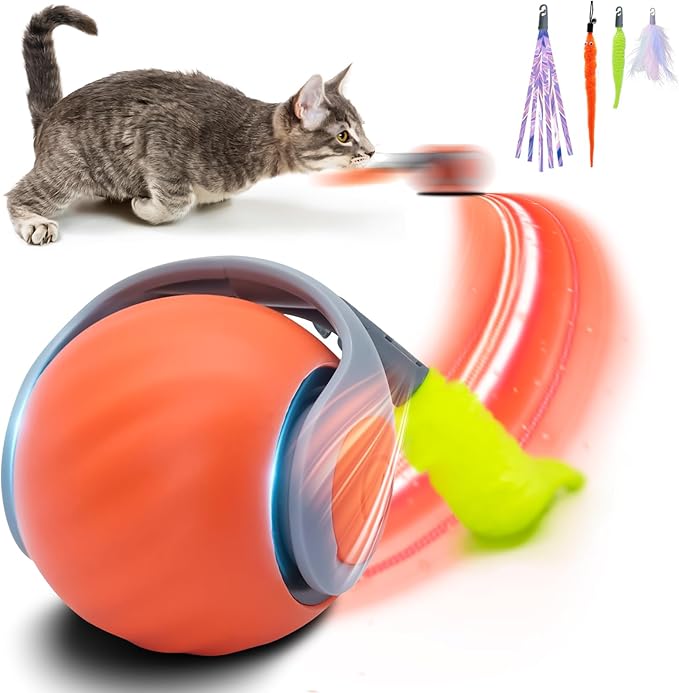 Interactive Cat Toy for Indoor Cats, Speedy Ball with Tail, Automatic Moving Cat Balls for Bored Indoor Adult Cats, 360°Automatic Rolling Ball Toy, Two Speed Adjustment（Orange）
