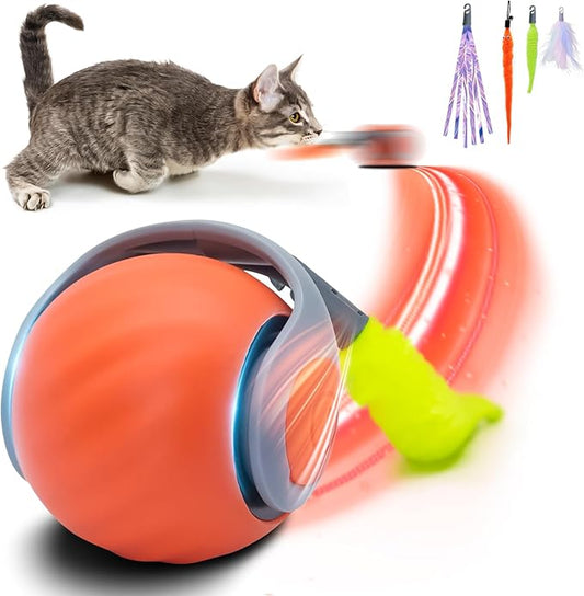 Interactive Cat Toy for Indoor Cats, Speedy Ball with Tail, Automatic Moving Cat Balls for Bored Indoor Adult Cats, 360°Automatic Rolling Ball Toy, Two Speed Adjustment（Orange）