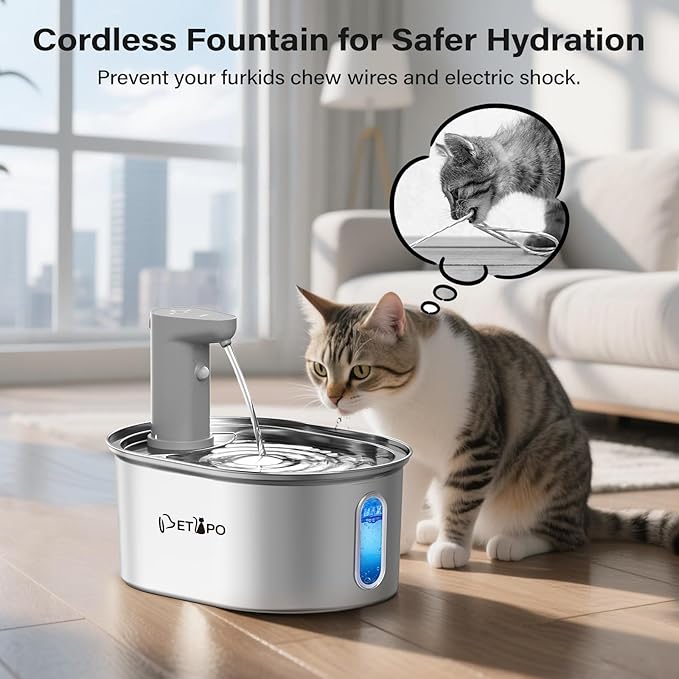Wireless Cat Water Fountain Stainless Steel, 108oz/3.2L Cat Fountain Battery Operated, Cordless Water Fountains for Cats Indoor Drinking with Motion Sensor，Pet Water Dispenser with 3Filters + 3Sponge