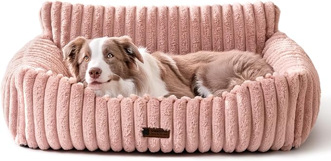 MEWOOFUN Dog Sofa Bed, Fluffy Dog Couch with Removable Washable Cover, Supportive Puppy Bed for Medium Sized up to 45 lbs (Pink, 36x28x12)