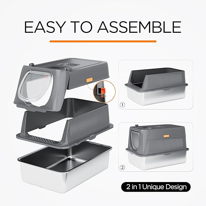 Citylife Stainless Steel Cat Litter Box with Lid,XL Extra Large Enclosed Removable Metal Litter Box with Litter Scoop&Double Layer Litter Mat,Non-Sticky，Non-Odor,Easy Cleaning, for Big Cats Dark Grey