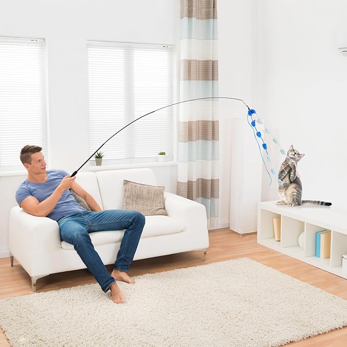 Cat Wand Toy, 9Pcs Retractable Plush Srtip Cat Teaser Wand Toys with Bell & String, Long Interactive Wand Toys for Indoor Kitten, Exercise