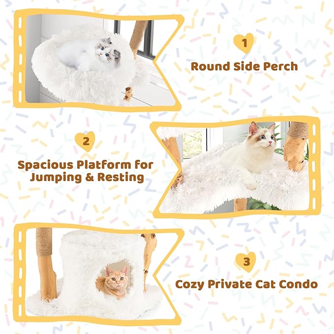 Tangkula Cat Tree Tower, Solid Wood Modern Cat Tower with Top Cattail Basket Bed, Side Perch, Large Platform & Condo, Cute Cat Tree with Scratching Posts for Indoor Cats Large Adult