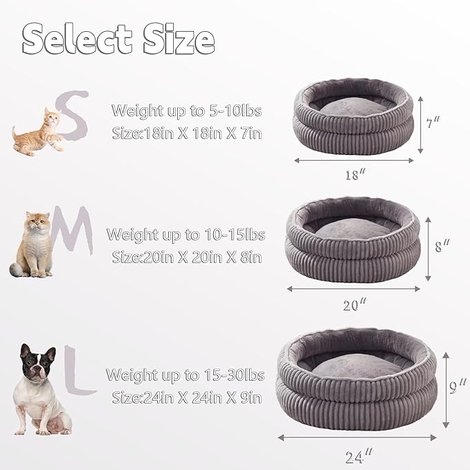 Cat Beds for Indoor Cats,Kitten Bed,Dog Bed for Small Dogs Breeds,Puppy Kennel Bed, Comfy Durable Pet Sleeping Bed, Washable Roun Cat Beds & Non-Slip Bottom, Gray 20" L x 20" W x 8" Th