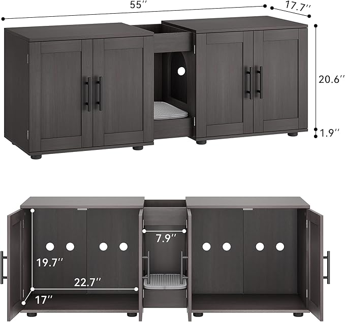 Double Litter Box Enclosure, Litter Box Enclosure with Double Room,Cat Hidden Litter Box Enclosure Furniture for 2 Cats with Double Room, 55”L x 17.7”W x 22.5”H Cat House, Wooden Cat Litter Box