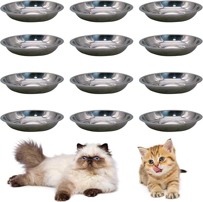 Hamiledyi 12 Pcs Stainless Steel Cat Bowls Replacement Whisker Fatigue Relief Cat Plates Pet Water Dish Shallow Kitten Bowls Pet Bowls for Dogs Cats or Other Small Animals (7.05 Inch Diameter)