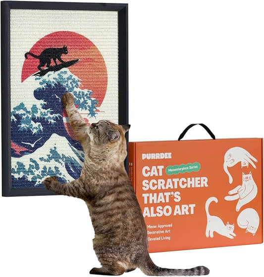Decorative Wall Art Sisal Cat Scratcher with Vertical Mounted Setup, 14x20 Large & Durable Scratch Pad Ideal for Adult Cats with Gallery-Style Frame That Looks Like a Painting (The Cat Wave)