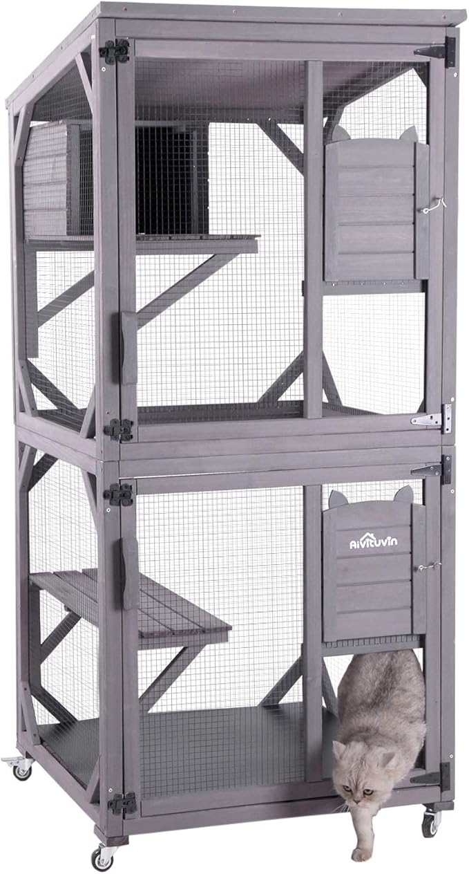 Aivituvin Cat Catio Kitty House Outdoor and Indoor Run Large Wooden Cat Enclosure on Wheels 70.9" Upgraded Version Kennel Cage with Reinforcement Wooden Strip,2 Sets Include