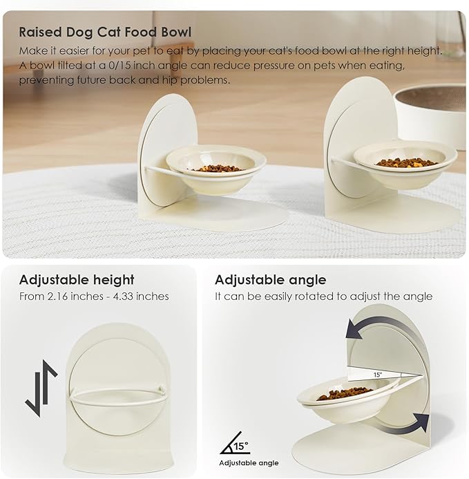 Adjustable Elevated Cat Bowl, Tilted Ceramic Cat Food Bowl with Metal Stand for Indoor Cats, Non-Spill & Non-Slip Raised Pet Feeder