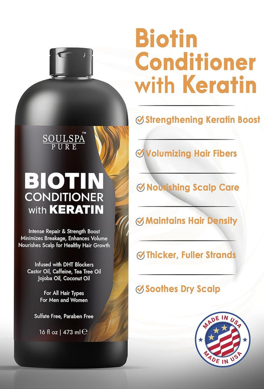 Biotin Conditioner with Keratin - Intense Repair & Strength Boost Formula - Nourishes Scalp for Healthy Hair Growth, with Tea Tree Oil & DHT Blockers, for Men & Women, 16 fl oz - SOULSPA PURE