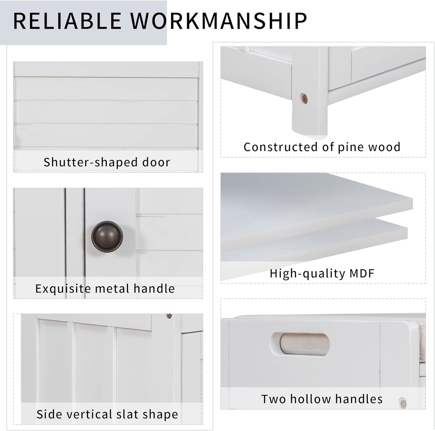 Storage Bench with 3 Shutter-Shaped Doors, Pine Wood Shoe Bench with Removable Cushion and Hidden Storage Space for Living Room, Entryway 43.5" L x 16" W x 18" H (White)