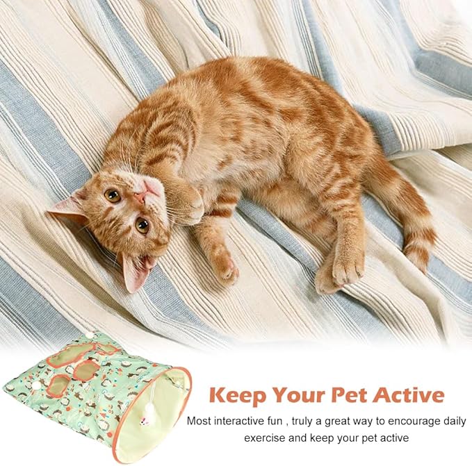 SYCOOVEN Cat Tunnel Bag for Indoor Cats, Pet Collapsible Tunnel Crinkle Sack Bag with 1 Little Mouse & Toy Ball, Crinkle Paper Interactive Cat Toys Hide and Seek(Green Pattern)