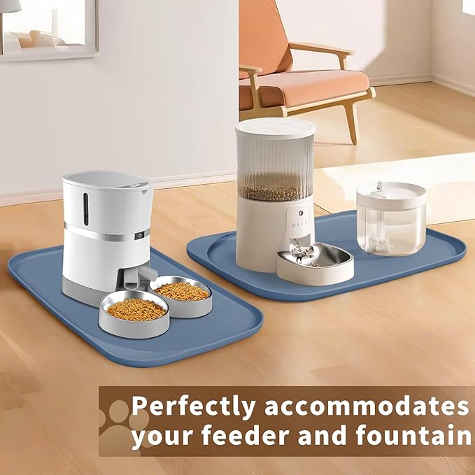 Silicone Pet Feeding Mat with Raised Edge & Residue Collection Pocket for Food and Water, Dog Bowl Mats, Cat Bowls Placemat with High Lip for Floor Waterproof, 22 x 14 x 0.8 Slate Blue