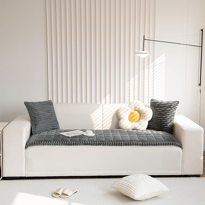 Faux Fur Plush Dog Couch Cover 3D Stripe Fuzzy Sofa Cover Non-Slip Fluffy Dog Bed Cover Pet Blanket Sofa Couch Furniture Protector for Puppy Large Dog Cat (Dark Grey,35"x82")