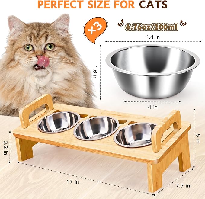 Elevated Cat Food Bowl, 3 Stainless Steel Raised Cat Bowls with Stand, 15°Tilted Cat Bowl for Small Dog, Cat Food and Water Bowl Set, Anti Vomitting, Whisker Fatigue and Dishwasher Safe - Natural