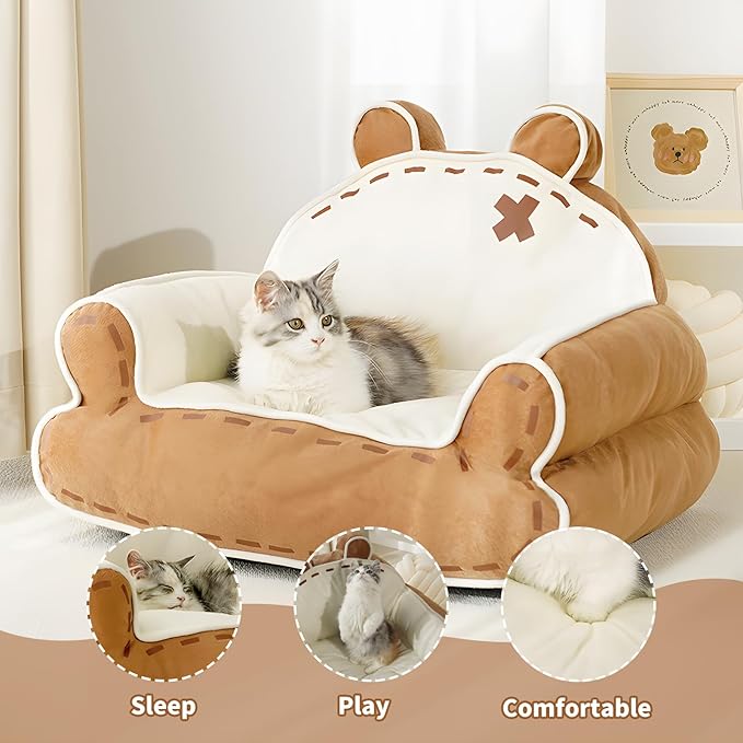 寵幸 Cat Couch Bed for Indoor Cats, Cute Couch for Pets, Shape Design Cat Sofa Bed with Bear Ear, Fluffy Pet Beds with Non-Slip Bottom, Up to 20 lbs, 25 inches